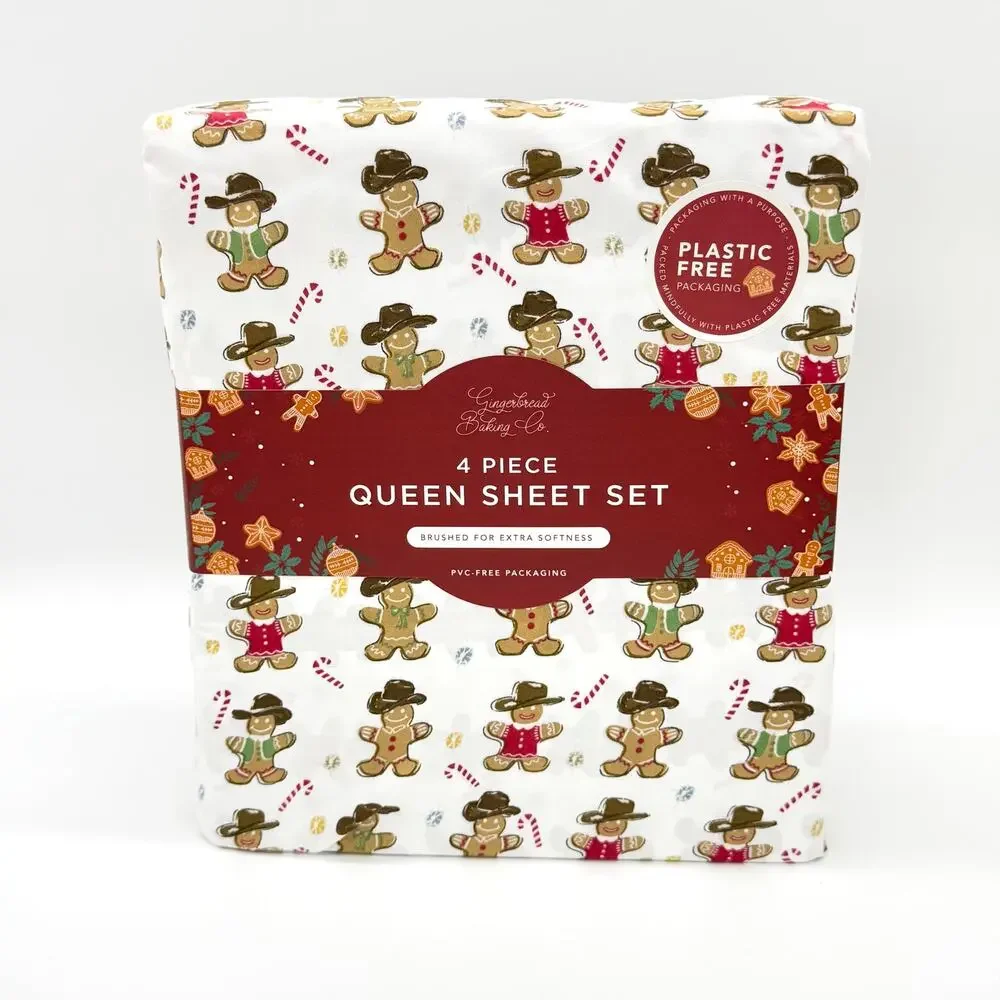 Gingerbread Baking Co Gingerbread Man Cowboy Christmas 4 pc QUEEN Sheet Set NEW